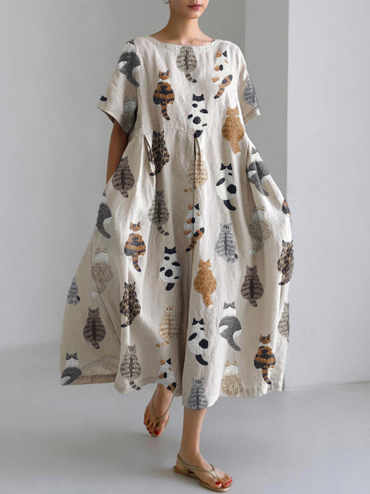 Celeste | Cute Cats Embroidery Pattern Linen Blend Dress