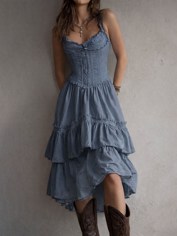 Rhea | Retro Boho Corset Tiered Midi Dress With Lace Trim