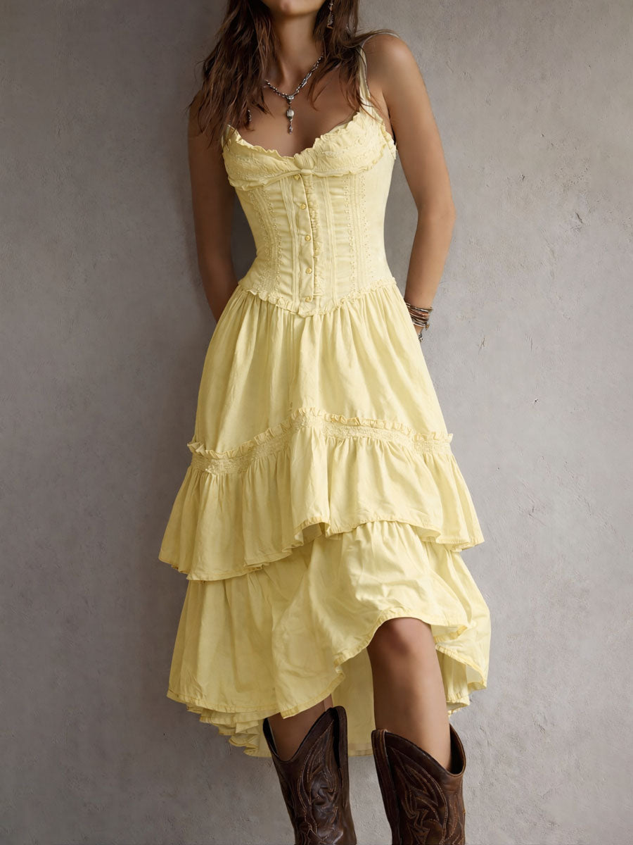 Rhea | Retro Boho Corset Tiered Midi Dress With Lace Trim