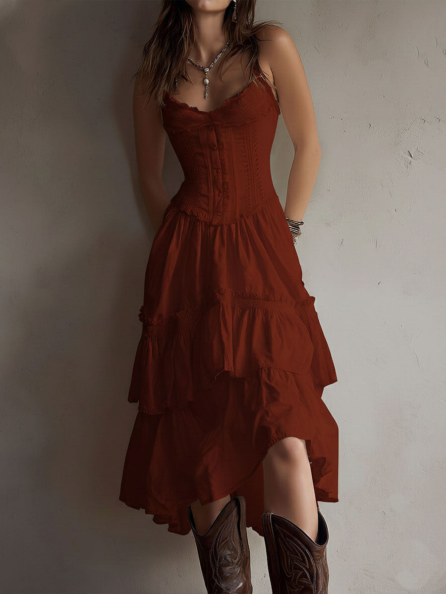 Rhea | Retro Boho Corset Tiered Midi Dress With Lace Trim
