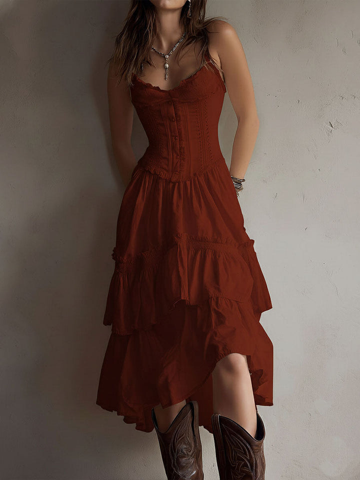 Rhea | Retro Boho Corset Tiered Midi Dress With Lace Trim