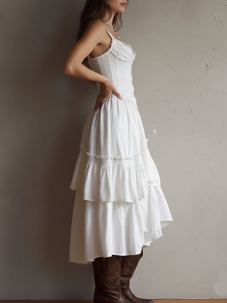 Rhea | Retro Boho Corset Tiered Midi Dress With Lace Trim