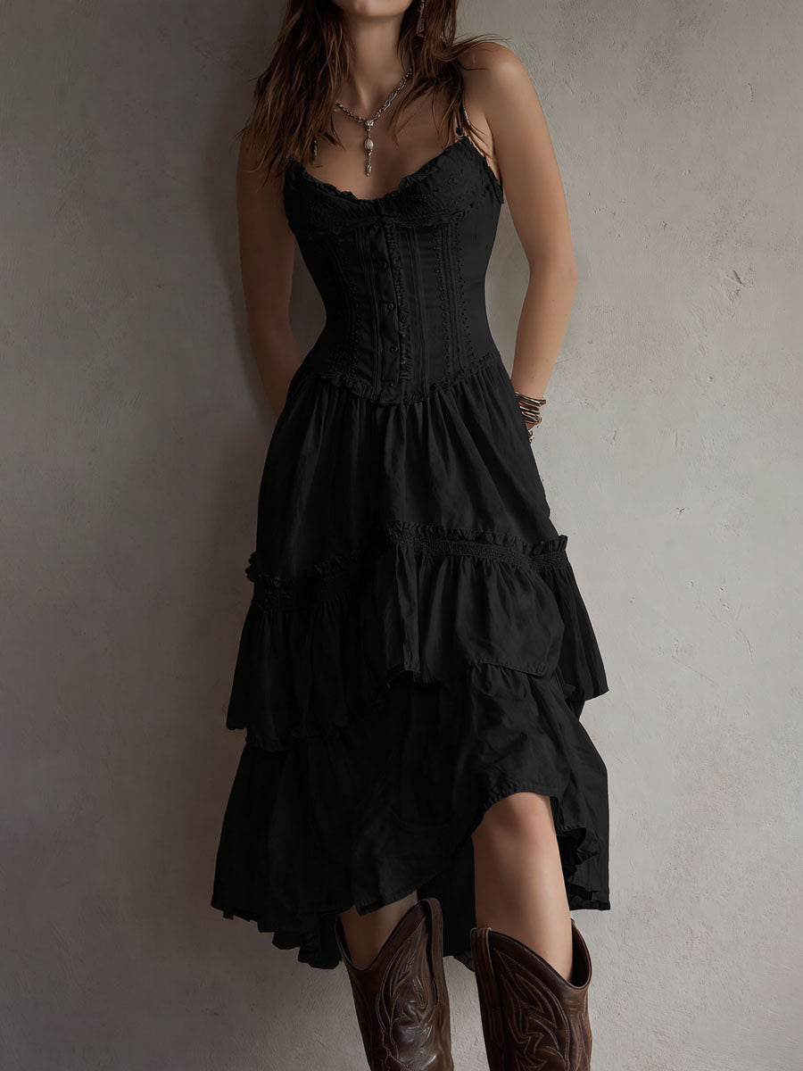 Rhea | Retro Boho Corset Tiered Midi Dress With Lace Trim