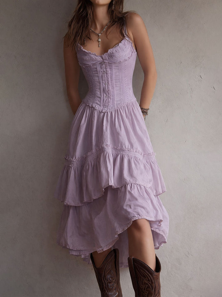 Rhea | Retro Boho Corset Tiered Midi Dress With Lace Trim