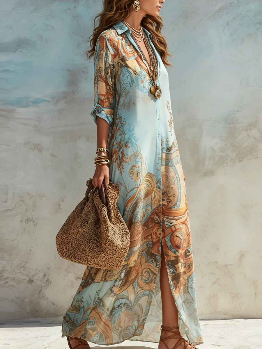 Belladonna | Baroque Style Floral Blue Chiffon Maxi Dress