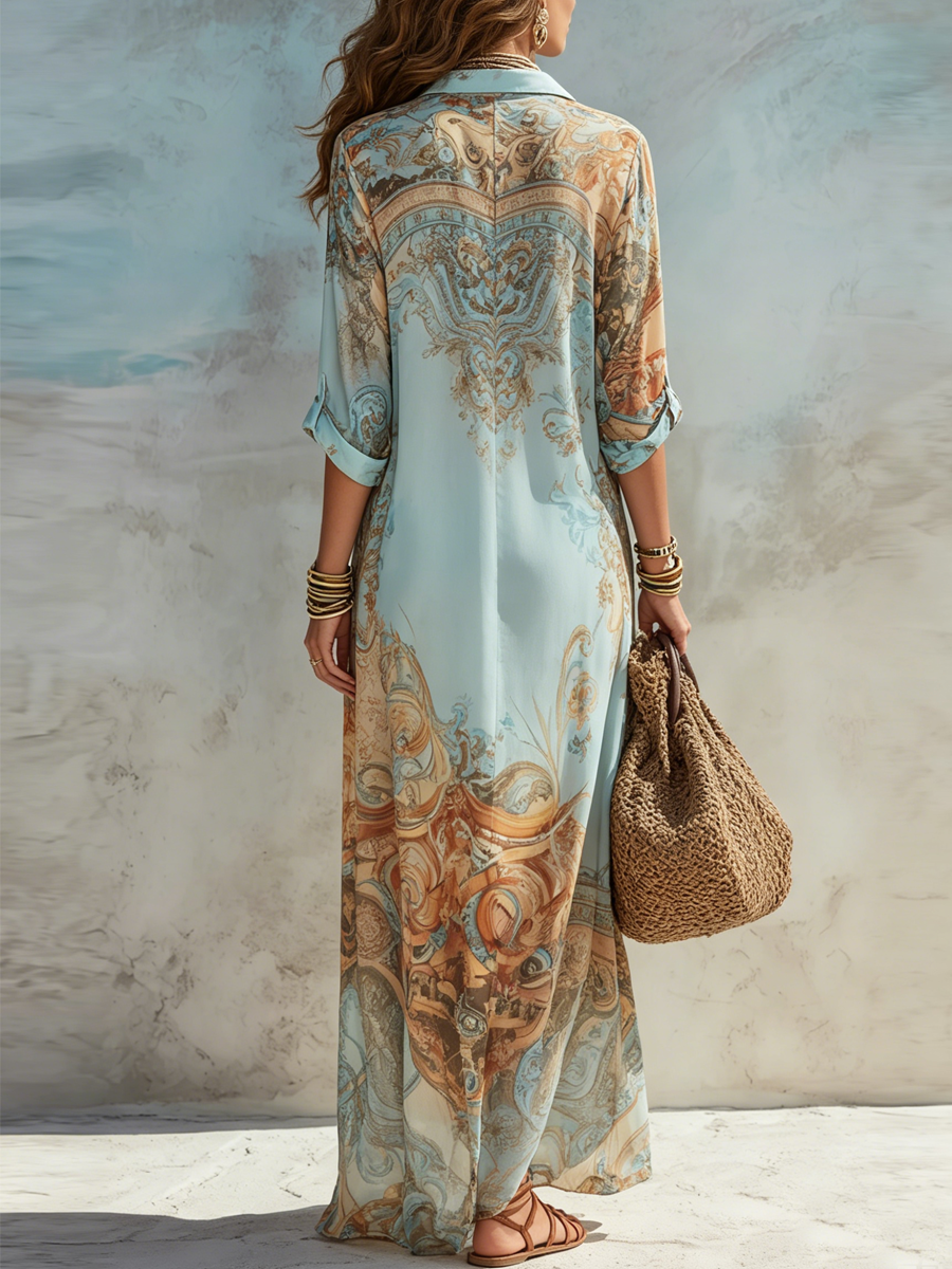 Belladonna | Baroque Style Floral Blue Chiffon Maxi Dress
