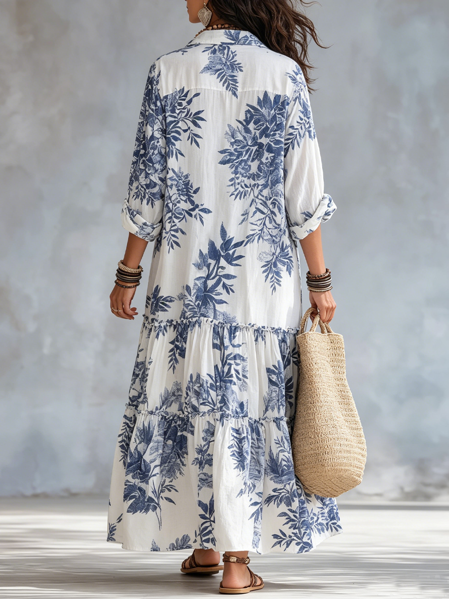 Briony | Bohemian Blue Floral Button-down Maxi Dress