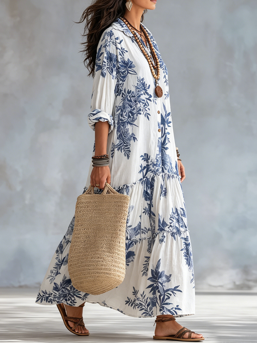 Briony | Bohemian Blue Floral Button-down Maxi Dress