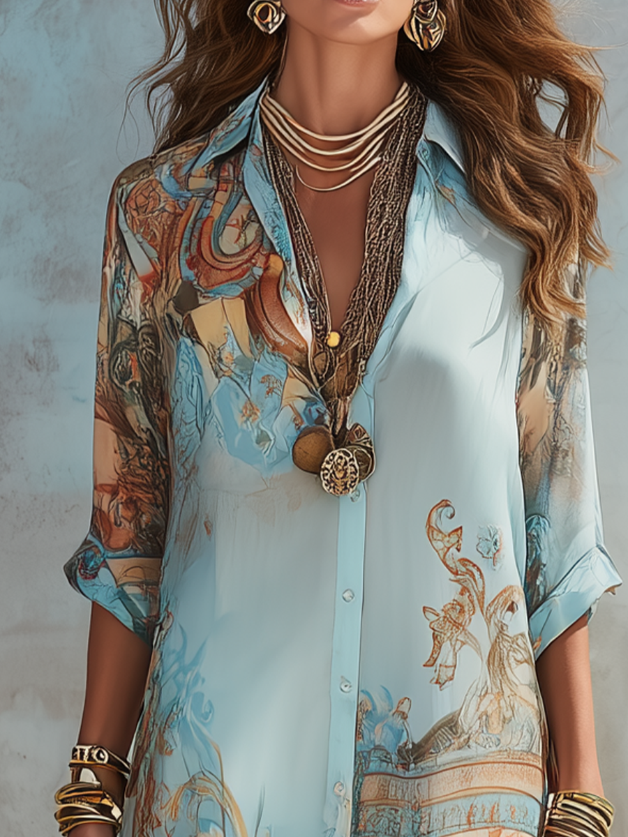 Belladonna | Baroque Style Floral Blue Chiffon Maxi Dress
