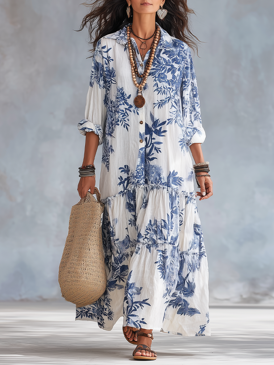Briony | Bohemian Blue Floral Button-down Maxi Dress