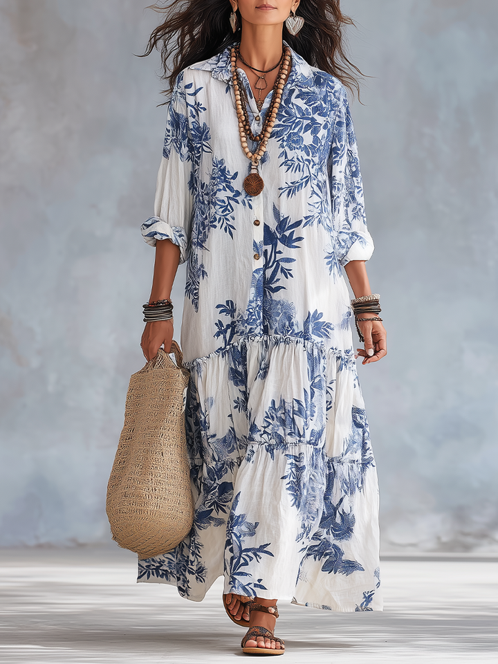 Briony | Bohemian Blue Floral Button-down Maxi Dress