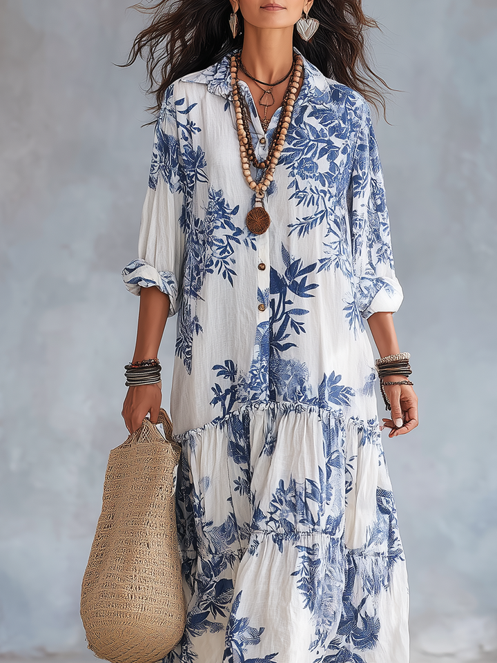 Briony | Bohemian Blue Floral Button-down Maxi Dress