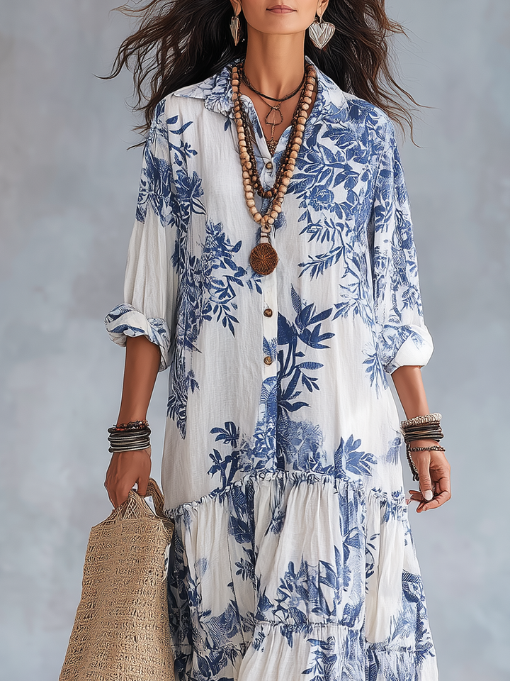 Briony | Bohemian Blue Floral Button-down Maxi Dress