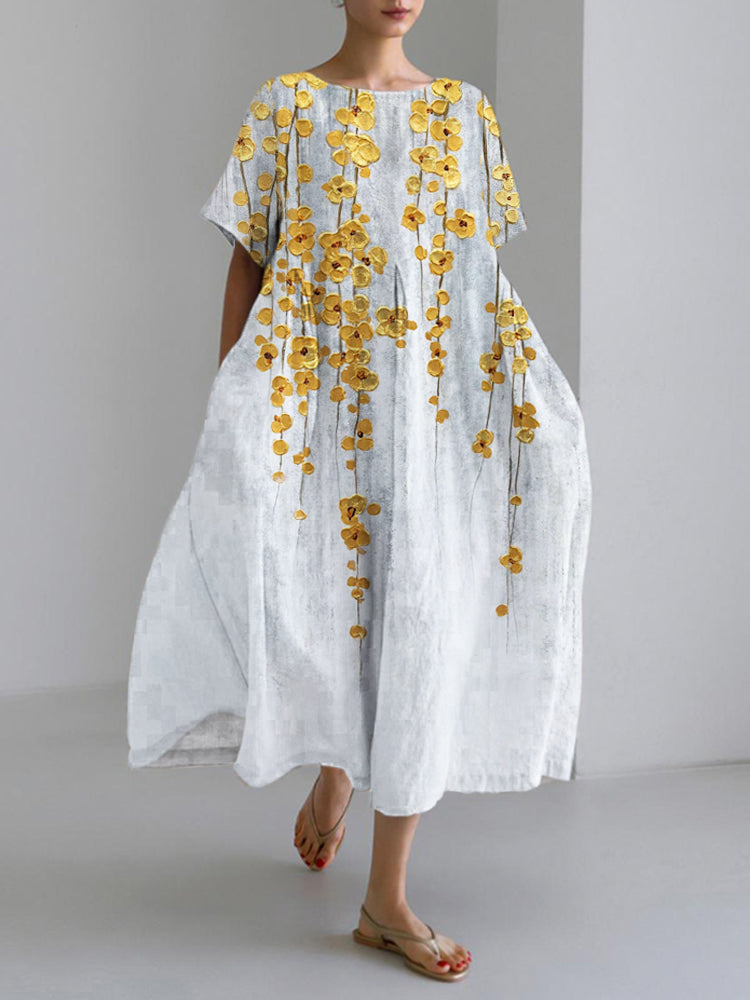 Gabriella | Gold Floral Embossed Art Print Linen Blend Maxi Dress