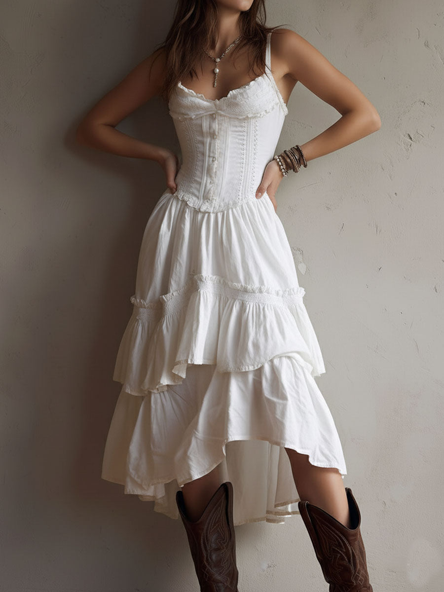 Rhea | Retro Boho Corset Tiered Midi Dress With Lace Trim