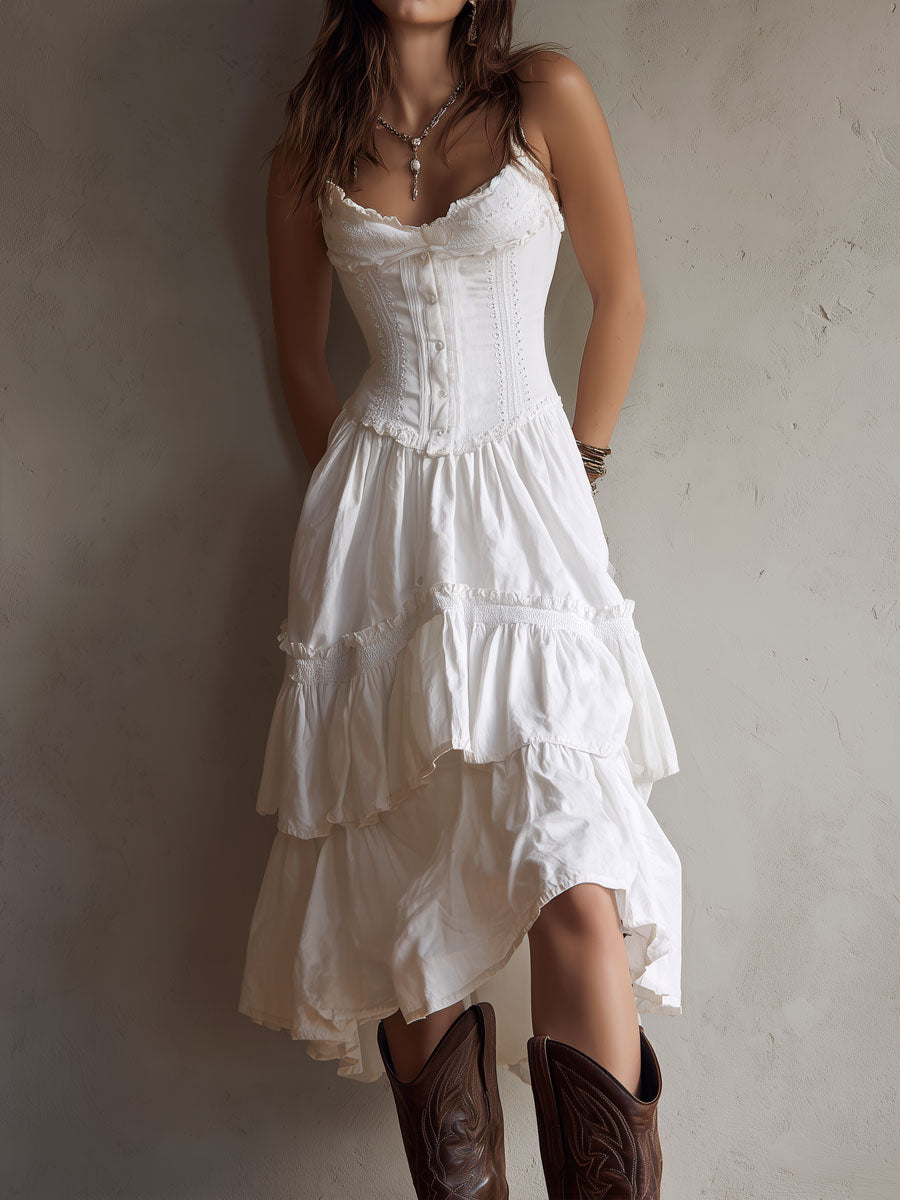 Rhea | Retro Boho Corset Tiered Midi Dress With Lace Trim