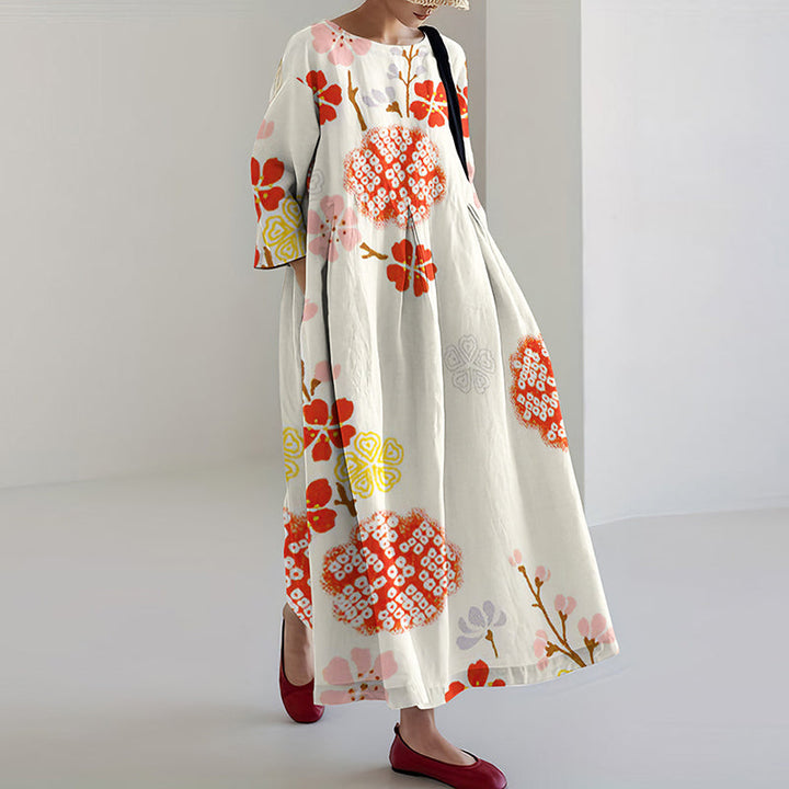 Jacinda | Japanese Art Flower Print Loose Casual Midi Dress