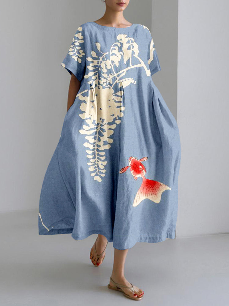 Viola | Vintage Japanese Goldfish Art Linen Blend Maxi Dress