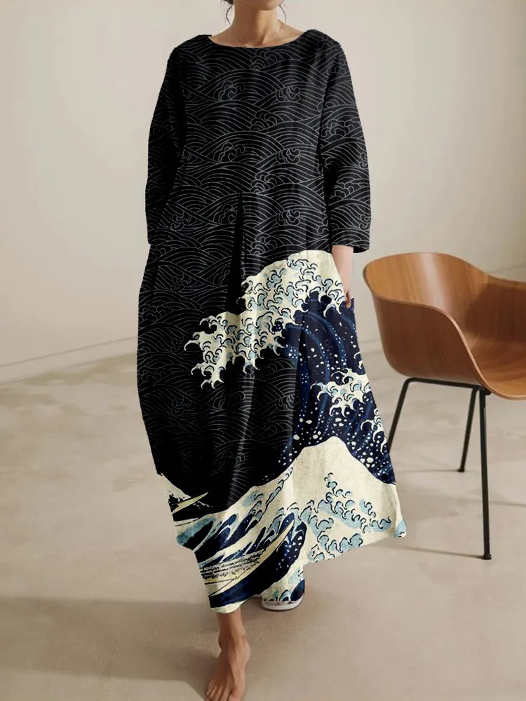 Jasmine | Japanese Wave Inspired Pattern Comfy Midi Dress