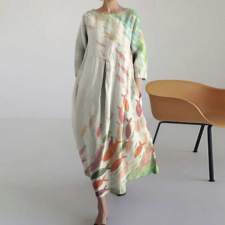 Finn| Fish Print Crew Neck Casual Midi Dress