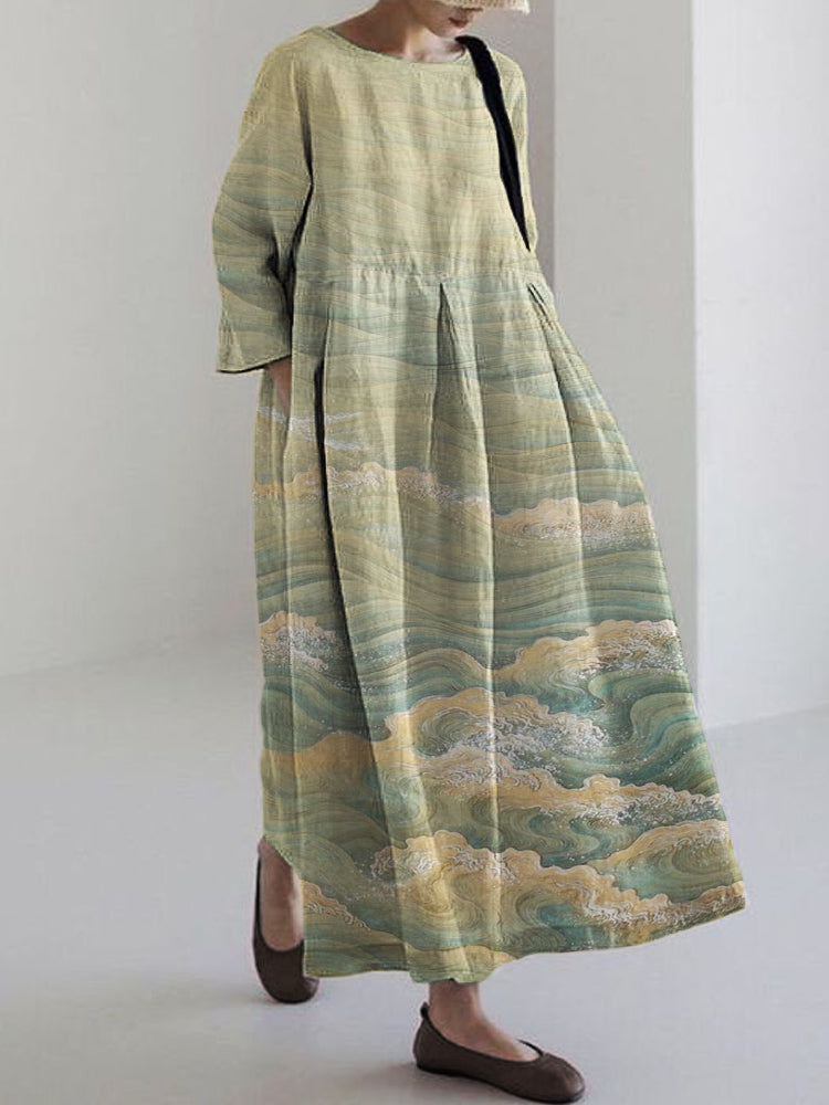 Selena | Sea Waves Japanese Linen Blend Maxi Dress
