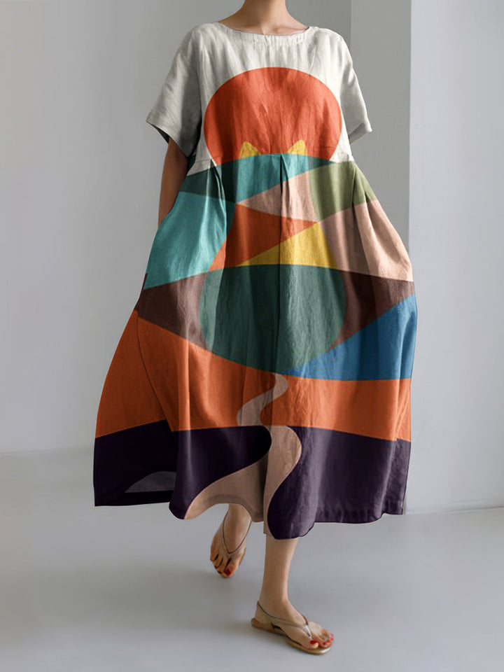 Adrielle | Abstract Creative Colorful Cute Cat Painting Art Linen Blend Dress