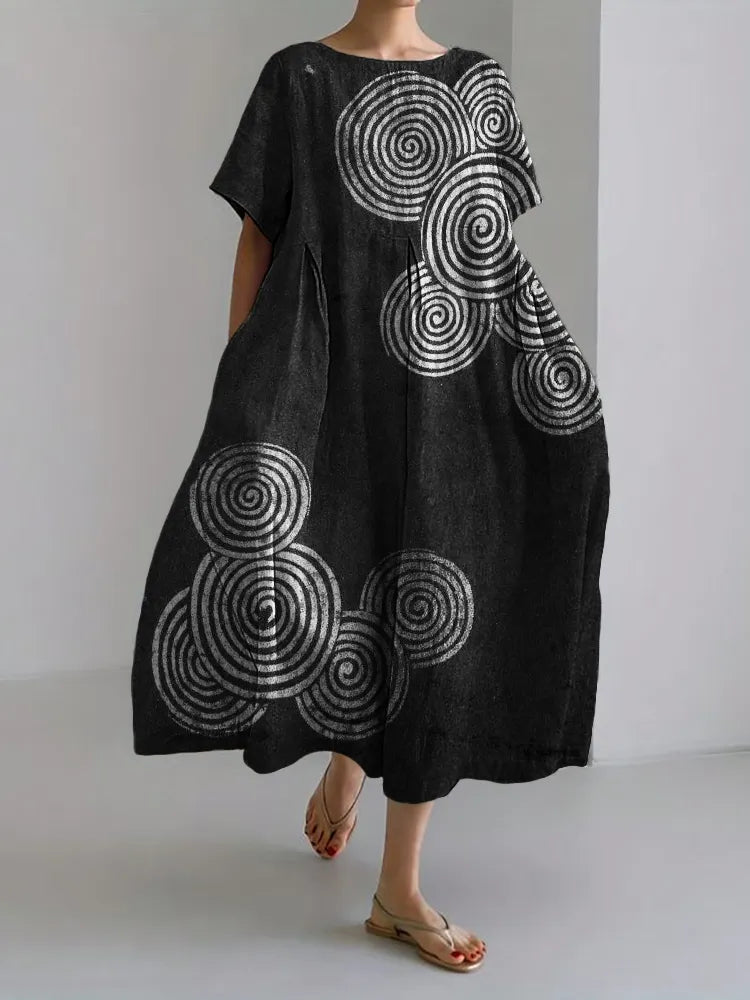 Selene | Sea Waves Ripples Japanese Lino Art Linen Blend Maxi Dress