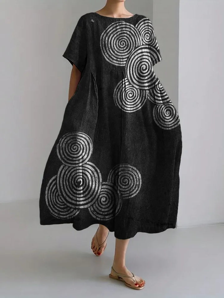 Selene | Sea Waves Ripples Japanese Lino Art Linen Blend Maxi Dress