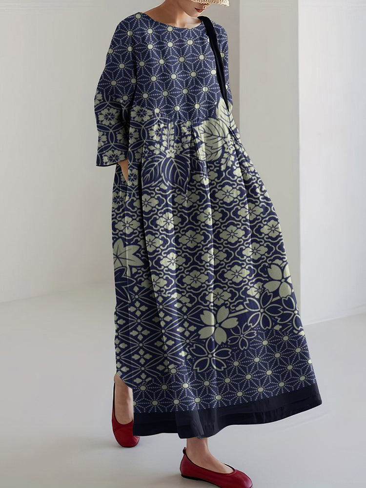 Wilhelmina | Women Japanese Art Plum Blossom Printed Casual Midi Dress