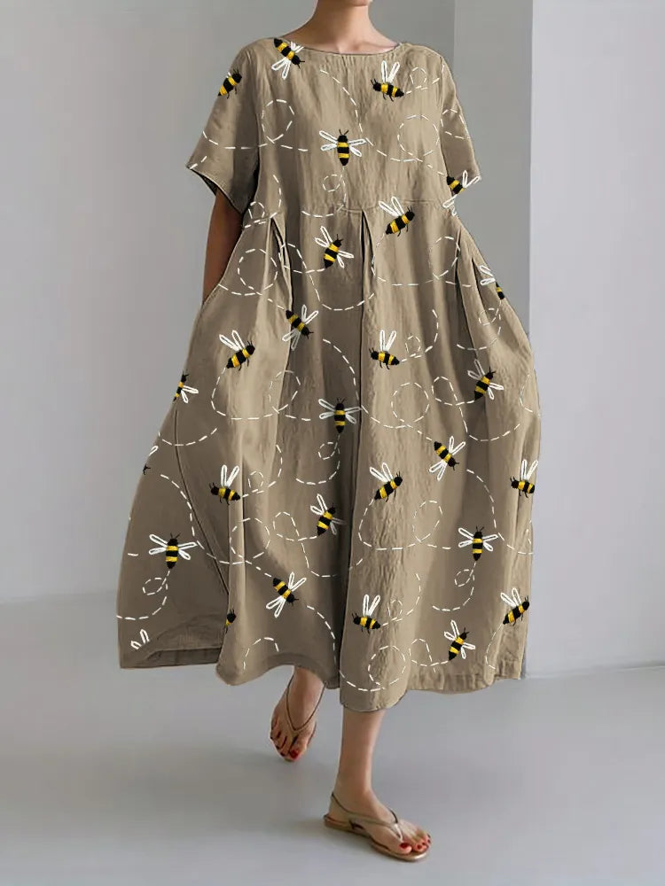 Fiona | Flying Bees Embroidery Pattern Linen Blend Maxi Dress