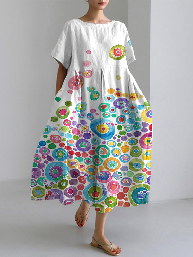 Celia | Colorful Circles Abstract Art Print Linen Blend Dress