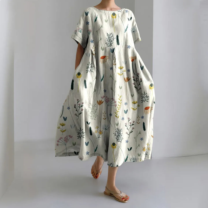 Vespera | Vintage Floral Linen Blend Loose Casual Midi Dress