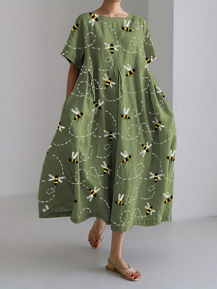 Fiona | Flying Bees Embroidery Pattern Linen Blend Maxi Dress