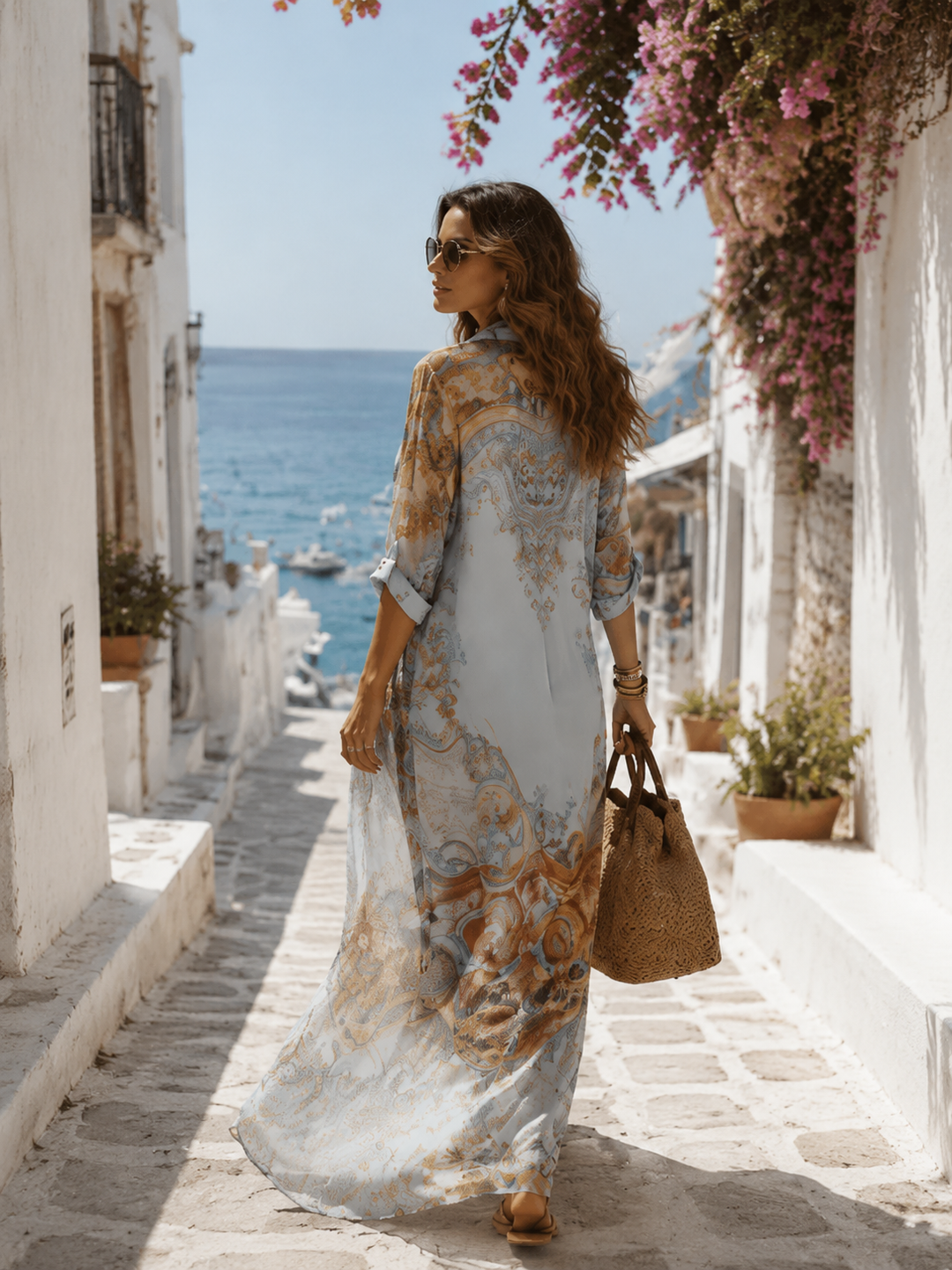 Belladonna | Baroque Style Floral Blue Chiffon Maxi Dress