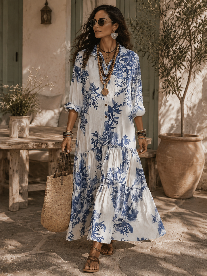 Briony | Bohemian Blue Floral Button-down Maxi Dress