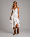 Rhea | Retro Boho Corset Tiered Midi Dress With Lace Trim