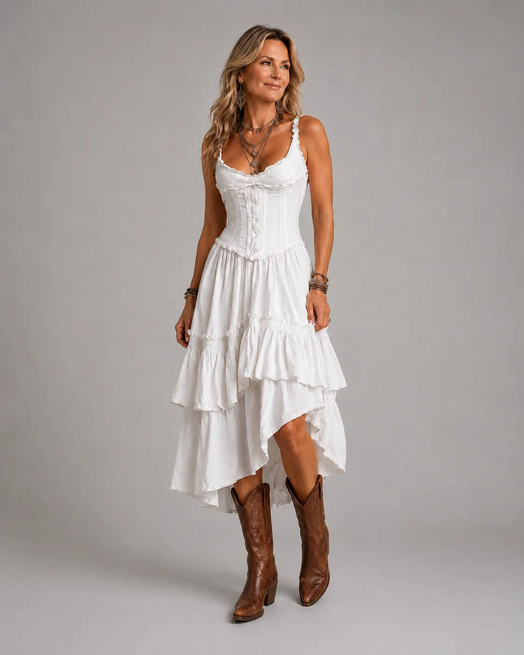 Rhea | Retro Boho Corset Tiered Midi Dress With Lace Trim