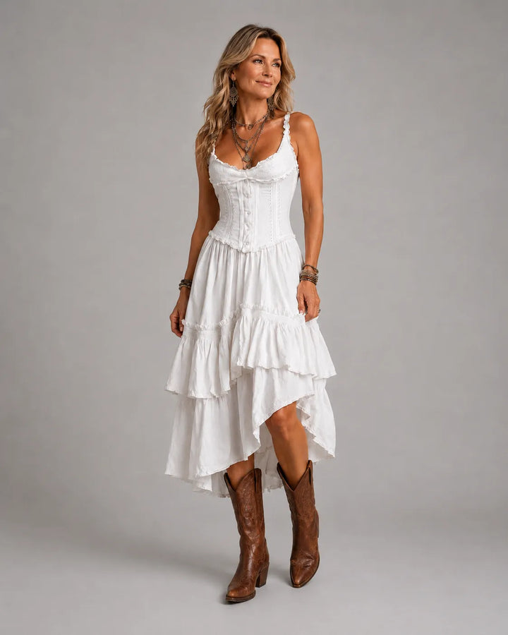 Rhea | Retro Boho Corset Tiered Midi Dress With Lace Trim