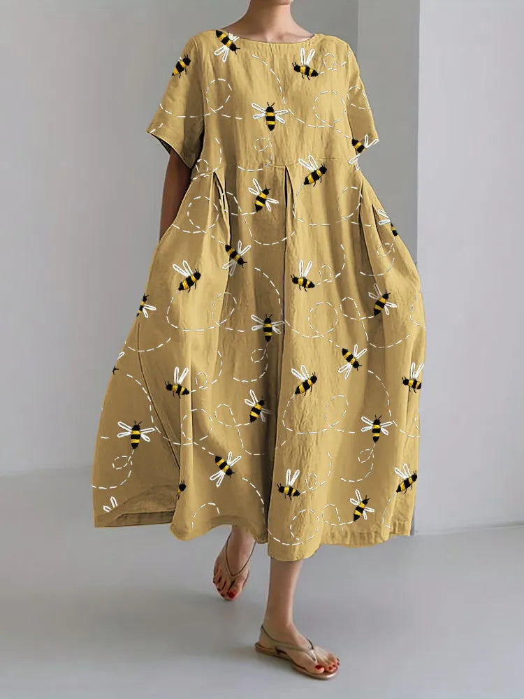 Fiona | Flying Bees Embroidery Pattern Linen Blend Maxi Dress