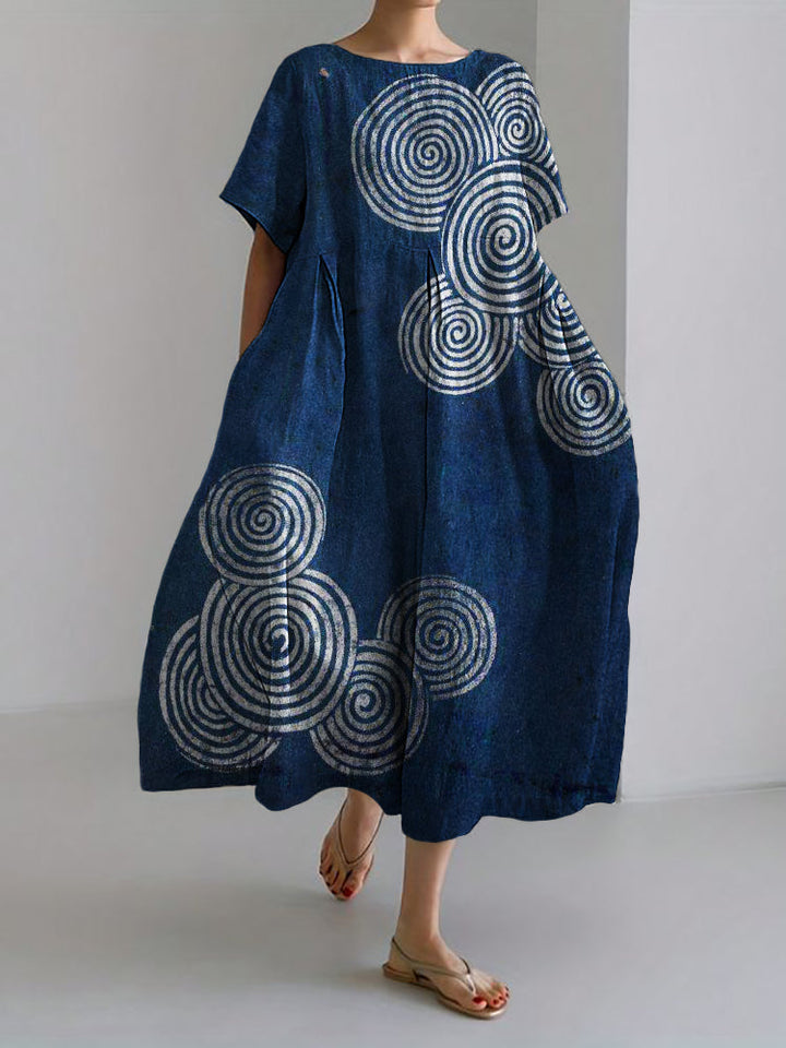 Selene | Sea Waves Ripples Japanese Lino Art Linen Blend Maxi Dress