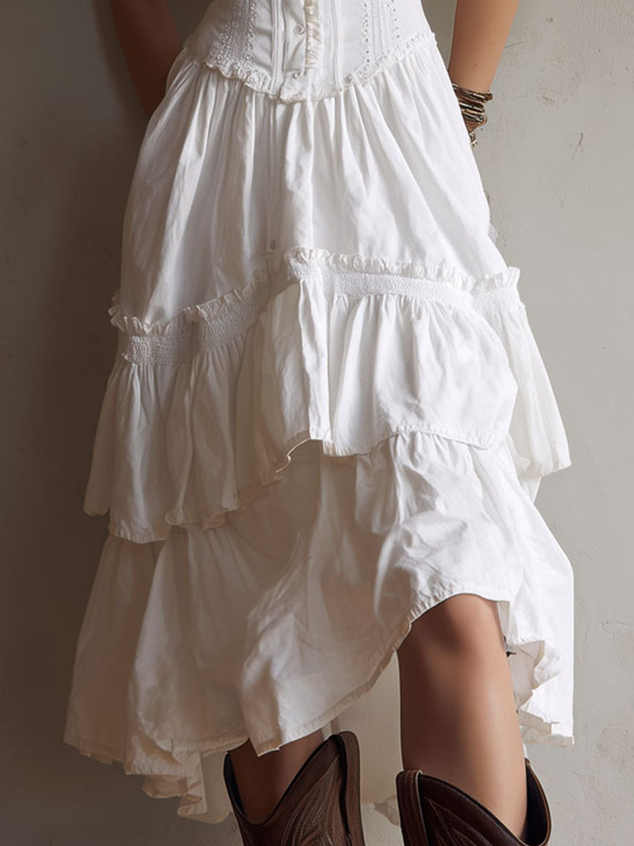 Rhea | Retro Boho Corset Tiered Midi Dress With Lace Trim