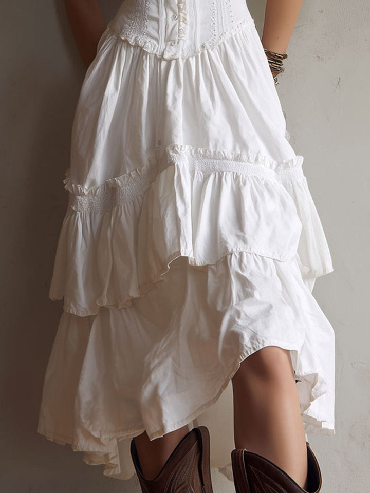 Rhea | Retro Boho Corset Tiered Midi Dress With Lace Trim