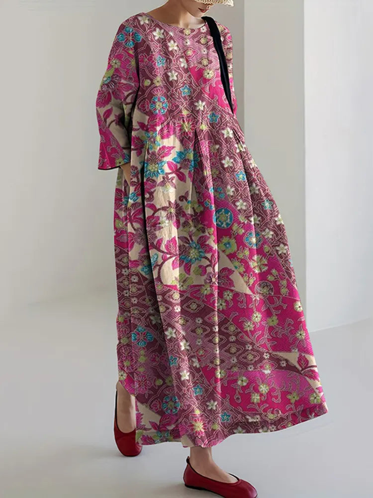 Viola | Vintage Japanese Art Flower Print Loose Midi Dress