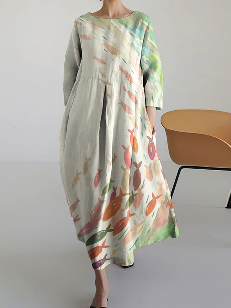 Finn| Fish Print Crew Neck Casual Midi Dress