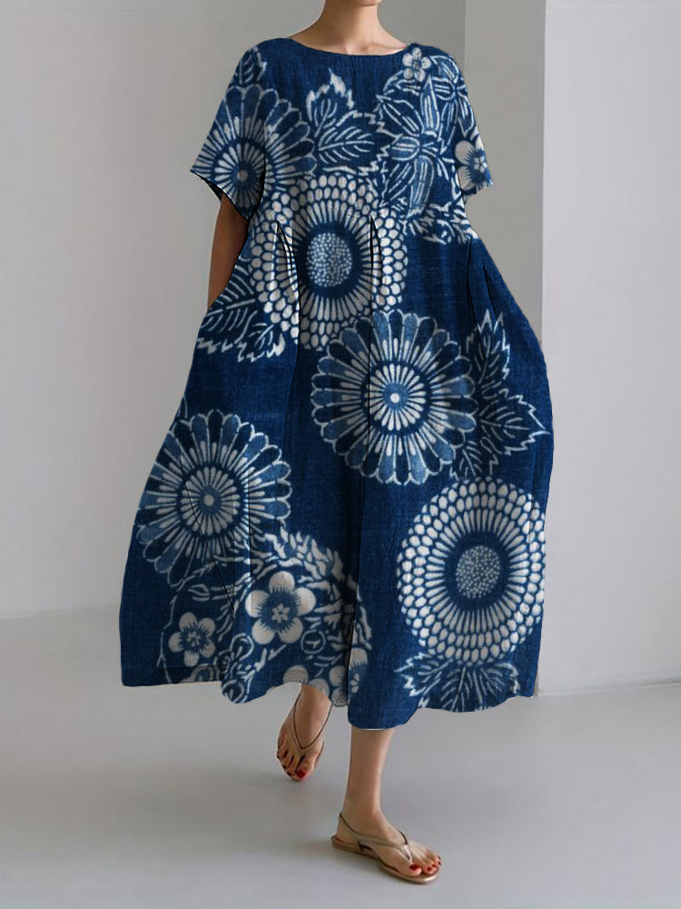 Cecilia | Cherry Blossom Floral Japanese Art Linen Blend Maxi Dress