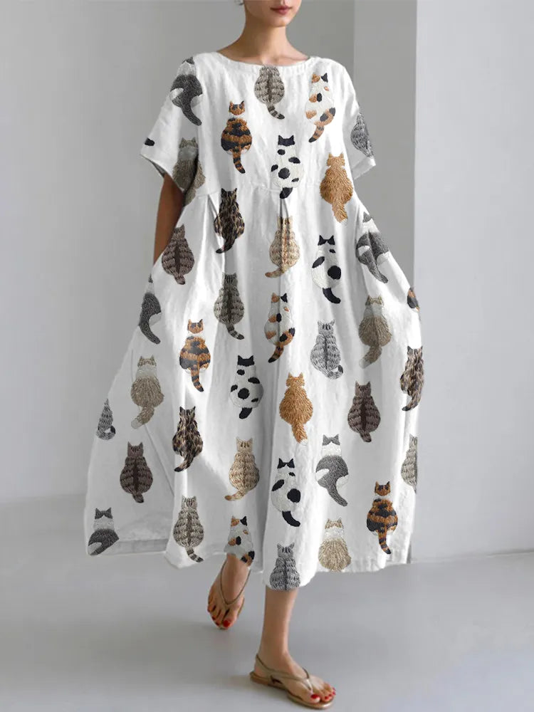 Celeste | Cute Cats Embroidery Pattern Linen Blend Dress