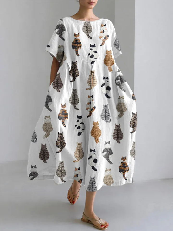 Celeste | Cute Cats Embroidery Pattern Linen Blend Dress