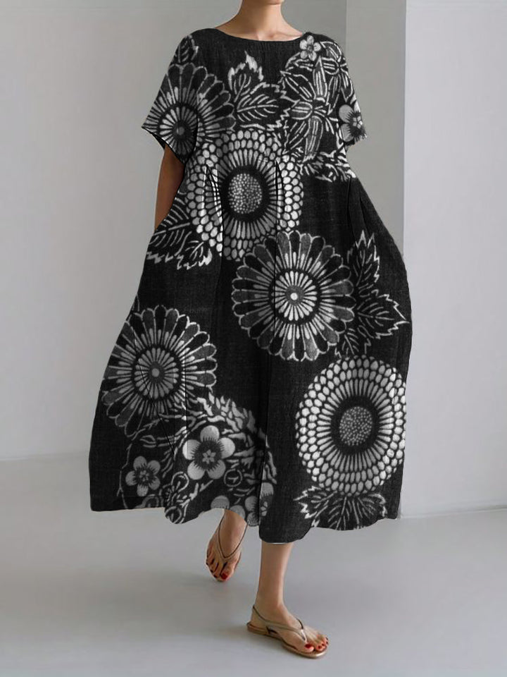 Cecilia | Cherry Blossom Floral Japanese Art Linen Blend Maxi Dress