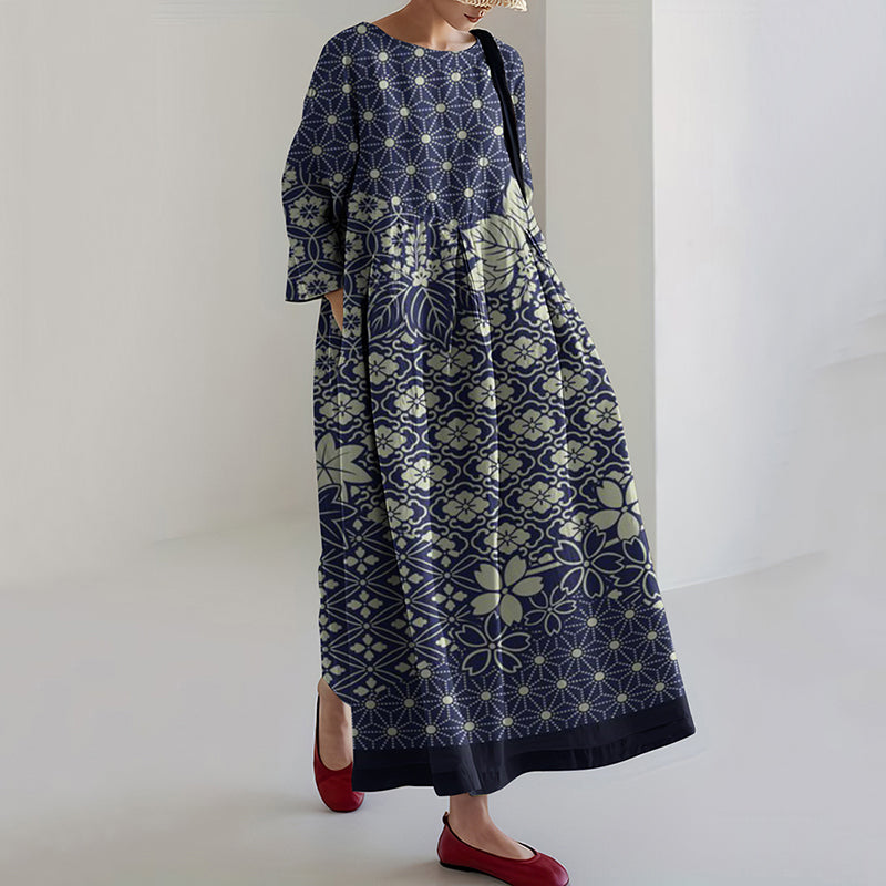 Wilhelmina | Women Japanese Art Plum Blossom Printed Casual Midi Dress
