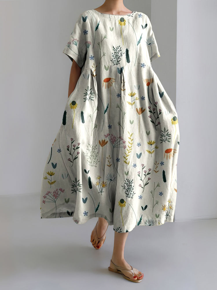 Vespera | Vintage Floral Linen Blend Loose Casual Midi Dress